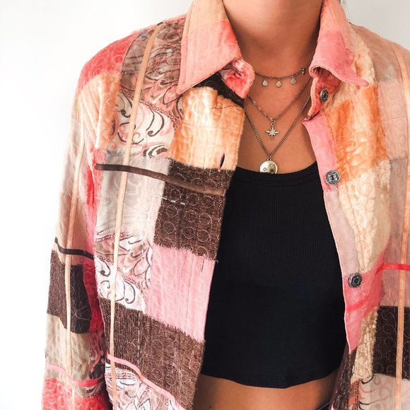 Vintage Pink Mix Pattern Button Up Patchwork Jacket - M - Picture 4 of 7